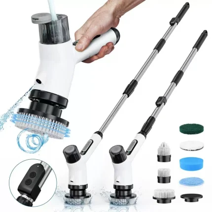 9-in-1 Cordless Electric Spray Power Scrubber, Rechargeable Rotating Cleaning Brush with Extendable Rod & 9 Replaceable Brush Heads for Bathroom, Kitchen, Tile, Glass & Car Detailing