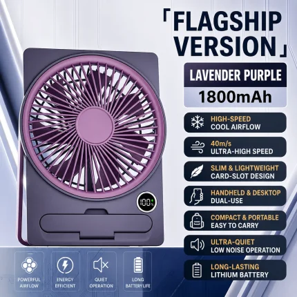 Portable Slim Card Desk Fan, 5 Speeds Brushless USB Rechargeable Cooling Fan with Digital Battery Display & Phone Holder, 2000mAh Personal Small Table Fan for Office Home Travel Camping