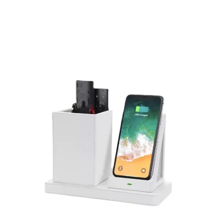 10W QI Leather Wireless Charger Desk Organizer | 2-in-1 Phone Charging Stand & Pen Caddy, Through-Case Wireless Charging Station for Office & Home