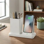 10W QI Leather Wireless Charger Desk Organizer | 2-in-1 Phone Charging Stand & Pen Caddy, Through-Case Wireless Charging Station for Office & Home - Image 4