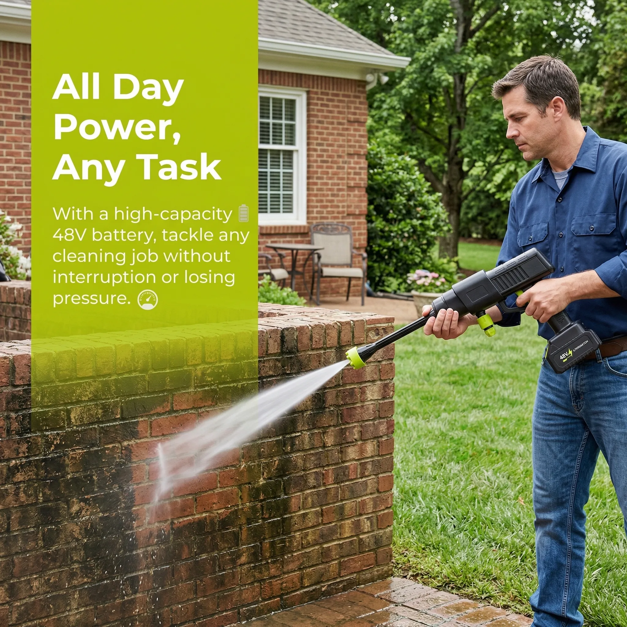 24V battery powered power washer removing stubborn dirt